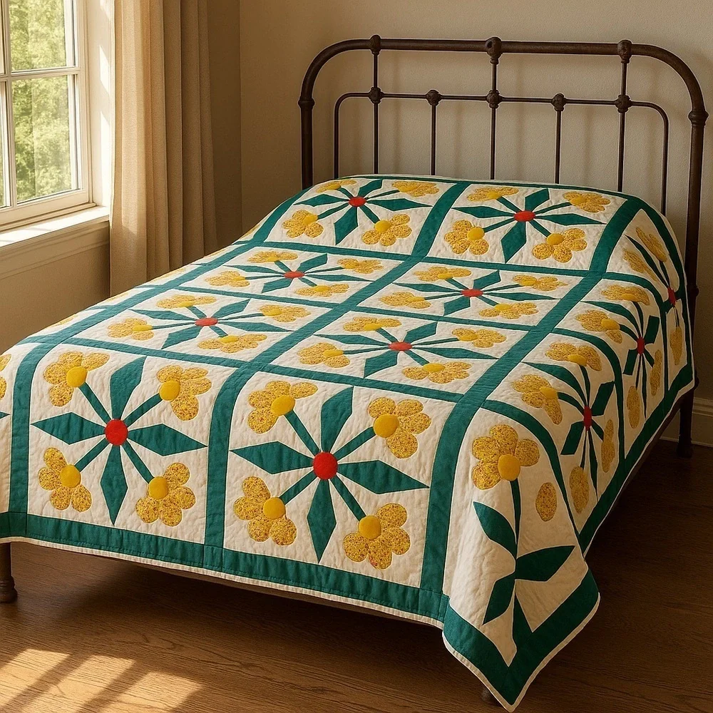 Handmade Floral Appliqué Quilt – 90” x 90” – Signed by Artist Elizabeth Bush